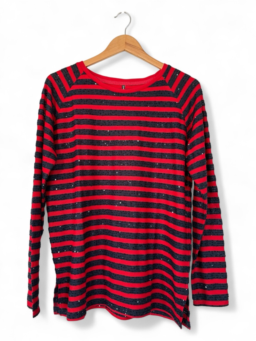 ONLY Red Navy Striped Sequin Long Sleeve Top Stretch Knit Size Large